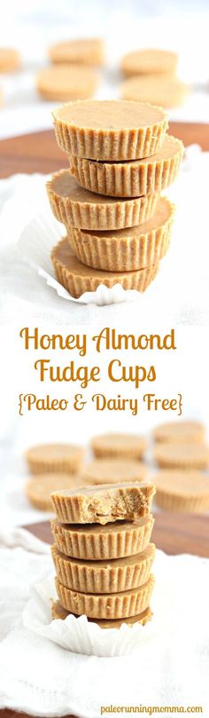 honey almond fudge cups are stacked on top of each other and ready to be eaten