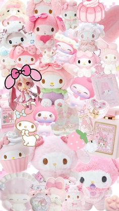 many different types of stuffed animals are arranged in the shape of a collage with pink and white colors