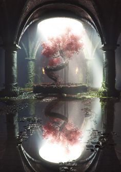 a tree with red leaves in the middle of a lake surrounded by pillars and arches