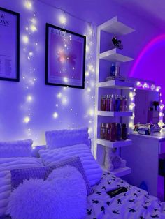 a bed room with a neatly made bed and purple lights on the wall above it