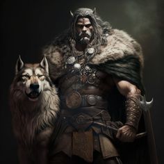 a man and a wolf standing next to each other in front of a dark background