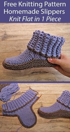 a knitted slipper is shown with the text, free knitting pattern homemade slippers knit flat in 1 piece