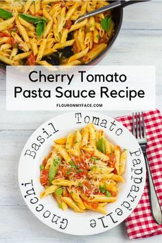 pasta with tomato sauce in a white bowl next to a red and white checkered napkin