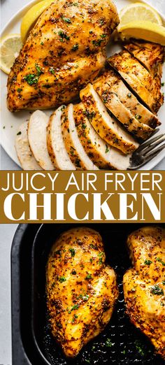 juicy air fryer chicken with lemons and parsley on the side