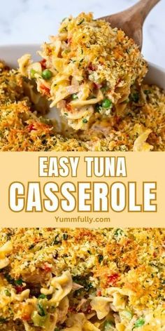 an easy tuna casserole recipe is shown in a white dish with a wooden spoon