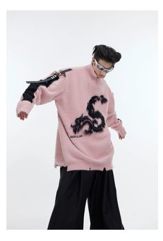 Dragon Design Oversize Knit Sweater WN4022 – WONDER NOAH Oversized Knitted Trendy Sweatshirt, Oversized Knitted Winter Sweatshirt, Trendy Cotton Sweater With Ribbed Collar, Oversized Knitted Sweatshirt For Winter, Winter Oversized Top With Ribbed Collar, Oversized Knitted Top For Streetwear, Oversized Winter Top With Ribbed Collar, Winter Oversized Pink Top, Oversized Pink Winter Top