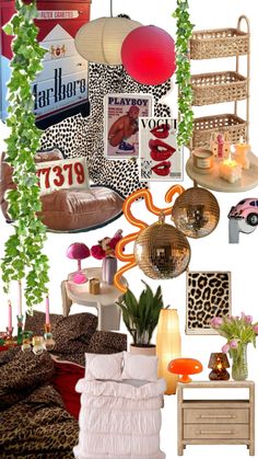 a collage of furniture and decor items including lamps, pillows, pictures, and candles