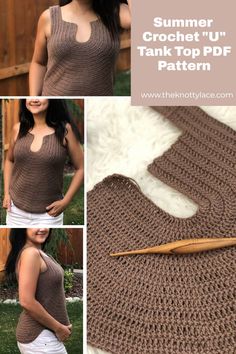 the crochet tank top is made from yarn and has a wooden knitting needle