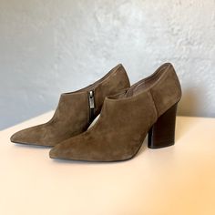 Beautiful Olive Green, Suede Booties With Stacked Walnut Heel, Pointy Toe And Side Zipper. These Are Quintessential Quiet Luxury! Never Worn, Flawless Condition. Nwt. Green Suede, Quiet Luxury, Suede Booties, Ankle Booties, Boots Booties, Side Zipper, Bootie Boots, Olive Green, Walnut