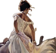 a painting of a woman in a white dress sitting on the ground with her back to the camera