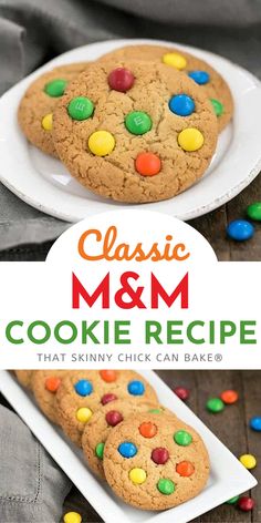 two white plates with cookies and m & m cookies on them