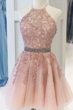 Pink Halter Appliqued Homecoming Dress Blush Pink Homecoming Dress, Semi Formal Cocktail Dress, Yellow Party Dresses, Dress Beading, Vestidos Color Rosa, Mini Prom Dresses, Velvet Prom Dress, Pink Homecoming, Tulle Homecoming Dress