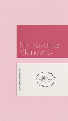 a pink and white business card with the words my favorite skincare on it