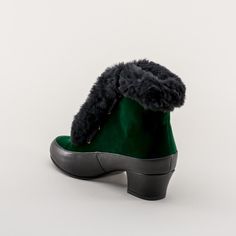 Alpen Retro Winter Booties are just the fashionable footwear you need for your winter vintage outfits. These booties are based on original Montgomery Ward overshoes, also known as galoshes, but are made as regular boots. We've stayed faithful to the velveteen upper and houndstooth lining, opting to use ethically sourced sheepskin trim and leather foxing and heel. These beautiful boots are cozy and practical for winter wear, with rubber soling. Protect your Alpens against the elements with Angelu Vintage Winter Mid-calf Boots With Pointed Toe, Vintage Winter Boots With Reinforced Heel, Vintage Green Boots With Round Toe, Winter Vintage Outfits, Green Closed-toe Winter Slippers, Shoe Wax, Vintage Fur Boots, How To Clean Suede, American Duchess