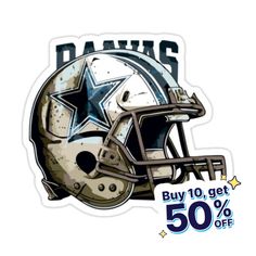 a football helmet with the words, buy 10 get 50 % off on this sticker