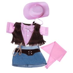 a doll outfit with a pink hat, blue skirt and brown vest is shown on a white background