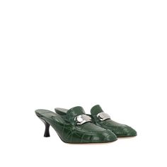 Ferragamo mules in green crocodile-embossed leather with silver-tone logoed plate, round-toe silhouette, leather lining, leather sole, and wooden kitten heel. Green Crocodile, Makeup Travel Case, Top Designer Brands, Leather Mules, Travel Makeup, Kitten Heel, High End Fashion, Beauty Accessories, Travel Case