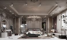 an elegant bedroom with chandelier, sofa and mirror in the middle of it