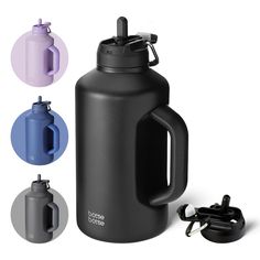 a black water bottle with the lid open and three different color options for each one