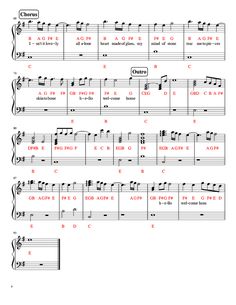 sheet music for the piano with notes and notations on it, all in red