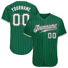 a green baseball jersey with the name and number on it, that reads your name