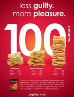 an advertisement for potato chips with the words less guilty, more pleasure