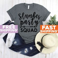 Teen Birthday - Slumber Party Squad - Sleepover Party - Girls Night - Birthday Party - Birthday Squad Shirts 》》》》FAVORITE OUR SHOP TO GET AMAZING DEALS EVERY WEEK!《《《《 Click Below  https://www.etsy.com/shop/GreyisthenewblackCo + Poly/Cotton Blend + Exclusive T-shirt branded unisex tee designed and printed in the USA. + Professionally printed super soft funny and awesome tees. + Our lightweight fitted tees are made from ultra soft ringspun cotton to get that comfortable fit and feel. + Satisfacti Bachelorette Party Shirts Funny, Halloween Sleepover, Friends Shirts, Teacher Tee Shirts, Friend Shirts, Birthday Squad Shirts, Bff Shirts, Nana T Shirts, Halloween Tee Shirts