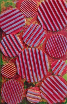 an abstract painting with red and white stripes on green, pink and yellow paper in the center