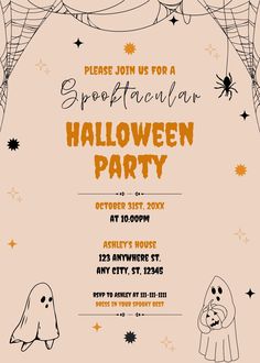 Get ready to throw a hauntingly good party with our Spooktacular Halloween Party Invite Template! 🎃👻 Featuring playful ghosts and vibrant orange and black colors, this template sets the perfect eerie vibe for your celebration. What's Included: Instant digital download Fully editable in Canva for easy customization Fun and festive design that will thrill your guests! Whether it's a monster mash or a ghostly gathering, this invite will make your Halloween party unforgettable! 🕷️🖤 Kid Halloween Party, Kids Halloween Party Invitations, Halloween Party Invite, Kid Halloween, Spooktacular Halloween, Monster Mash, Halloween Party Invitations, Invite Template, Festive Design