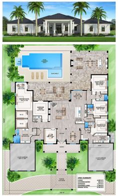 two story house plans with pool in the middle and an open floor plan on top