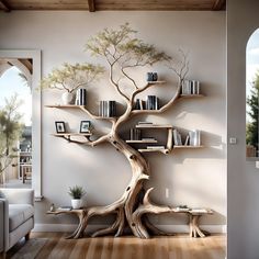 a living room with bookshelves and a tree in the corner on the wall