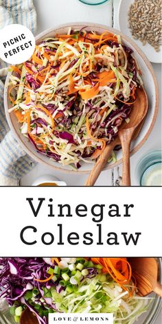 a bowl filled with coleslaw and carrots on top of a white table