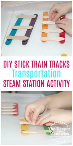 kids are playing with popsicle stick train tracks and the text, diy stick train tracks transportation steam station activity