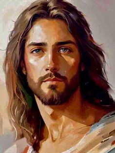 a painting of jesus with long hair and blue eyes