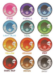 cross stitch pattern with different colors and symbols for the color wheel, including red, blue, green, yellow, orange, brown