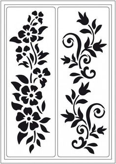 two stencils with flowers and leaves on them, one is black and the other white