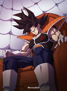 an anime character sitting in a chair with his arm out and one hand on the ground