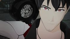 an animated image of a man with black hair and red eyes, wearing headphones