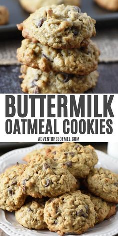 buttermilk oatmeal cookies stacked on top of each other with the title overlay