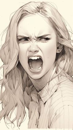 a drawing of a woman with her mouth open and an angry look on her face