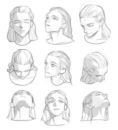 sketches of different hairs and head shapes for the character's face, from front to back