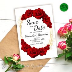 save the date card with red roses on it