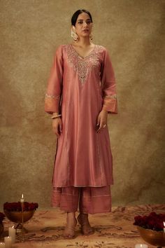 Blush pink kurta with floral zardozi and zari organza embroidered neck and sleeve. Paired with palazzo and an organza dupatta. - Aza Fashions Diwali Dabka Work V-neck Sets, Pink Anarkali Kurta With V-neck, Festive Gota Work Sets With V-neck, Pink V-neck Diwali Kurta, Pink V-neck Anarkali Set, Festive Pink V-neck Kurta, Semi-stitched V-neck Kurta, Pink Bollywood Style V-neck Kurta, Traditional Pink V-neck Sets