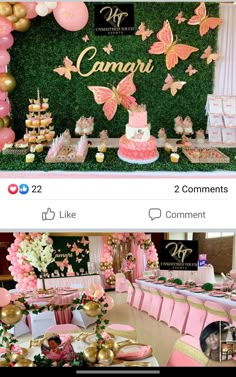 a table that has some pink and gold decorations on it, and there is a cake in the middle