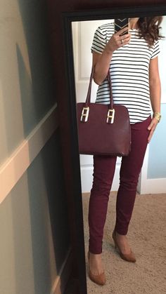 Burgundy Jeans Outfit, Burgundy Pants Outfit, Energy Water, Burgundy Purse, Stripe Top, Burgundy Dress