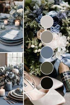 the table is set with blue and white flowers, silverware, candles, and napkins