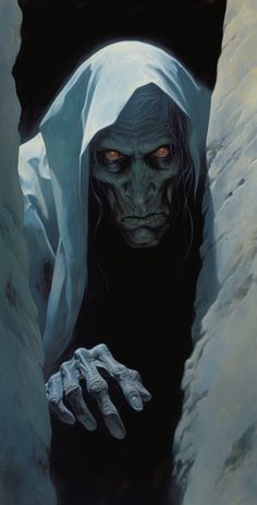 a painting of a creepy looking person with hands out in the middle of an ice cave