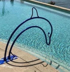 a swimming pool with a metal dolphin sculpture next to it's edge and water in the background