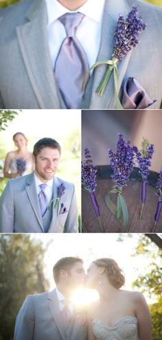 two pictures of a man and woman in wedding attire, one is kissing the other has purple flowers on his lapel