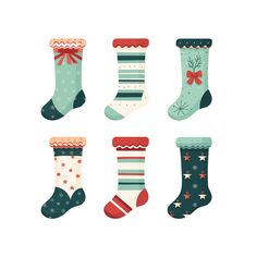 six christmas stockings with bows and stars on them, all in different colors or designs